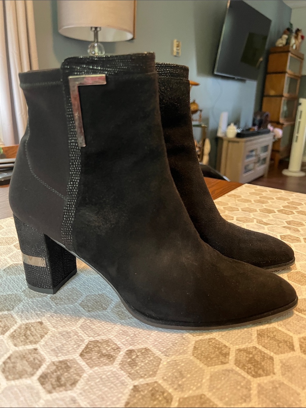 Stuart Weitzman Black Suede Ankle Boots with Block Heel, sz 8.5